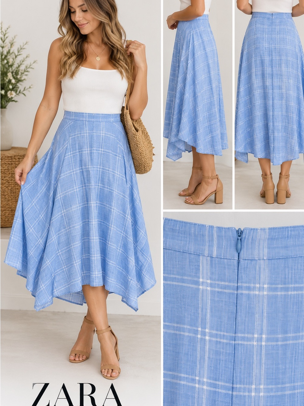 Zara Woman Blue Plaid Flowy Midi Skirt Size M Windowpane A-Line